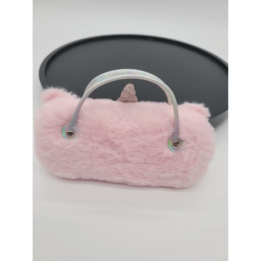 Eyeglass/Sunglass Case, Faux Pink Fur Unicorn w/Silver Horn & Carry Handles